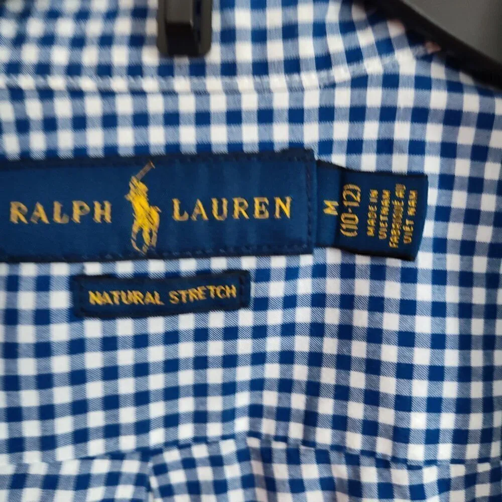 Boys SZ M (10-12) Ralph Lauren Blue/White Gingham Short-Sleeve Dress Shi…